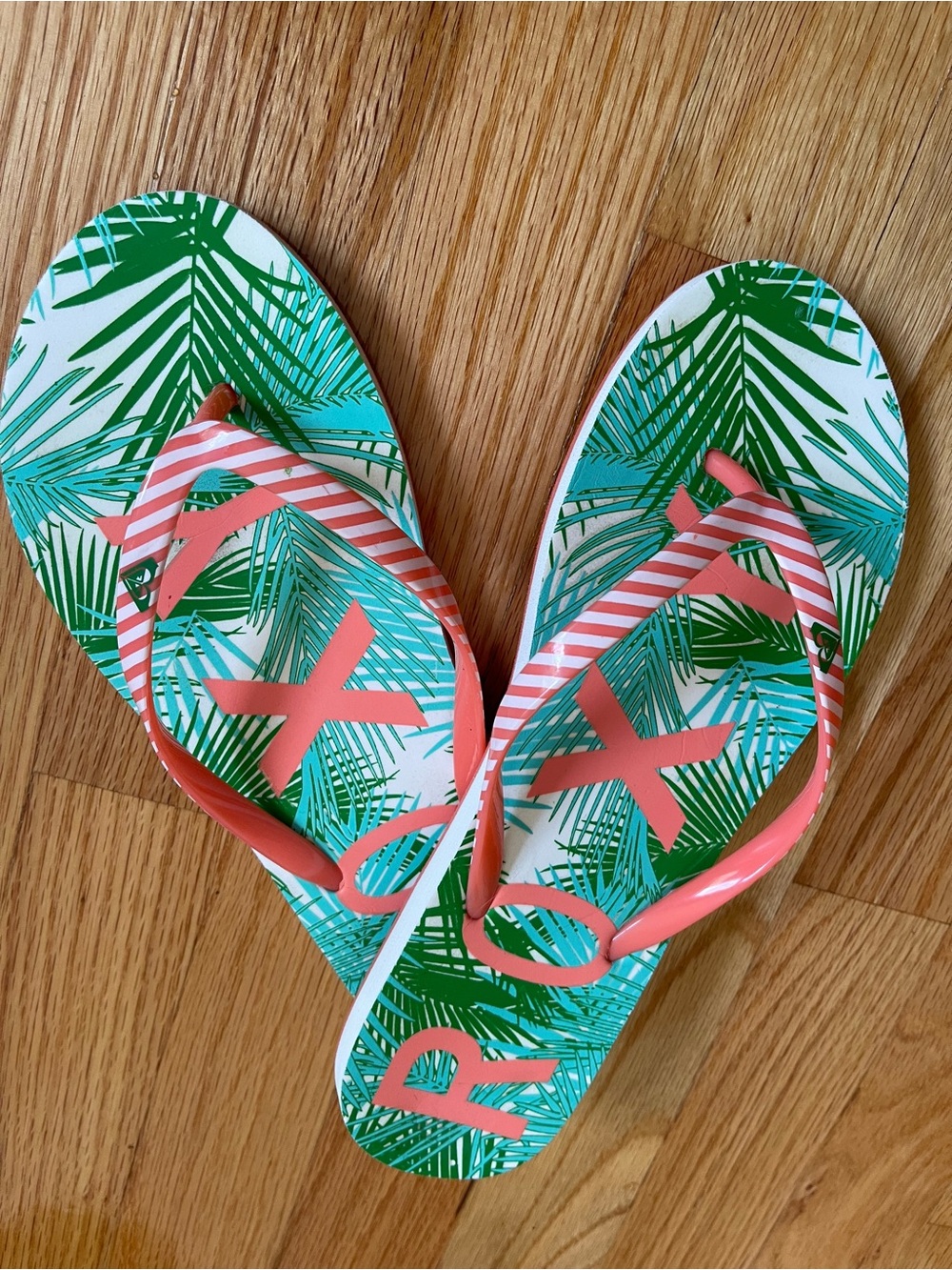Roxy Tropical Palm Print Flip Flops with Coral Straps
